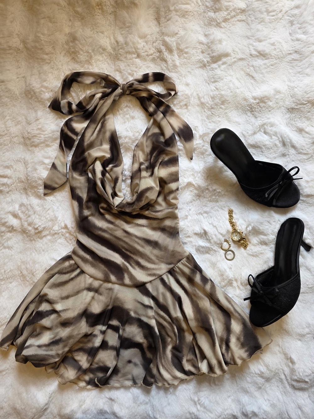 Boohoo Taupe and Black Halter Backless Mini Dress